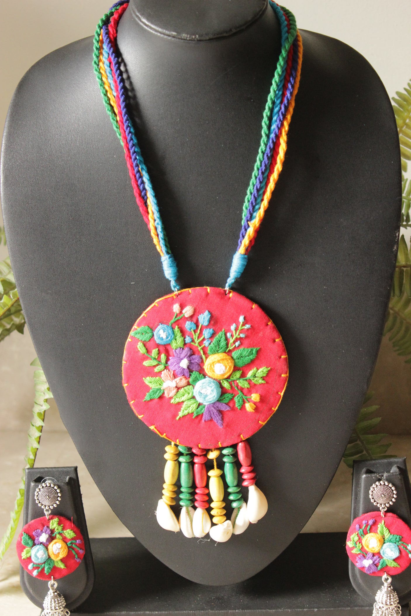 Hand Stitched Flowers Red Handmade Fabric Necklace Set with Multi-Color Wooden Beads with Adjustable Closure