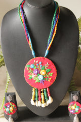 Hand Stitched Flowers Red Handmade Fabric Necklace Set with Multi-Color Wooden Beads with Adjustable Closure