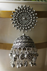 Intricately Detailed Premium Oxidised Finish Sun Dial Jhumka Earrings