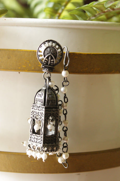 Radhe Krishna Embedded Oxidised Finish Jharokha Earrings with Ear Chain