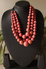 Peach Wooden Beads 3 Layer Chain Closure Necklace