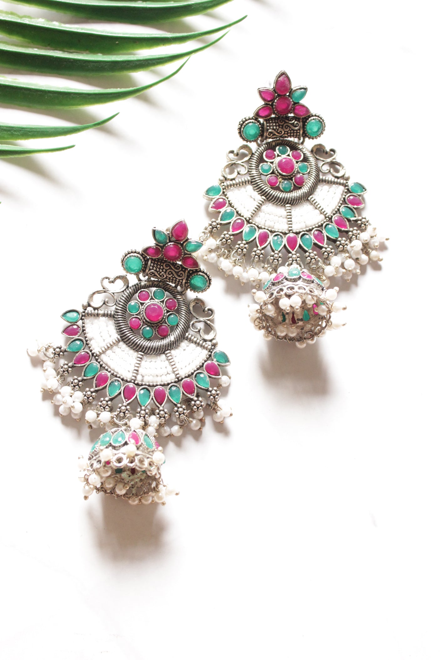 Red & Green Stones Embedded Oxidised Finish Statement Ethnic Earrings