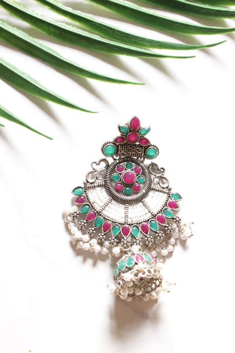 Red & Green Stones Embedded Oxidised Finish Statement Ethnic Earrings