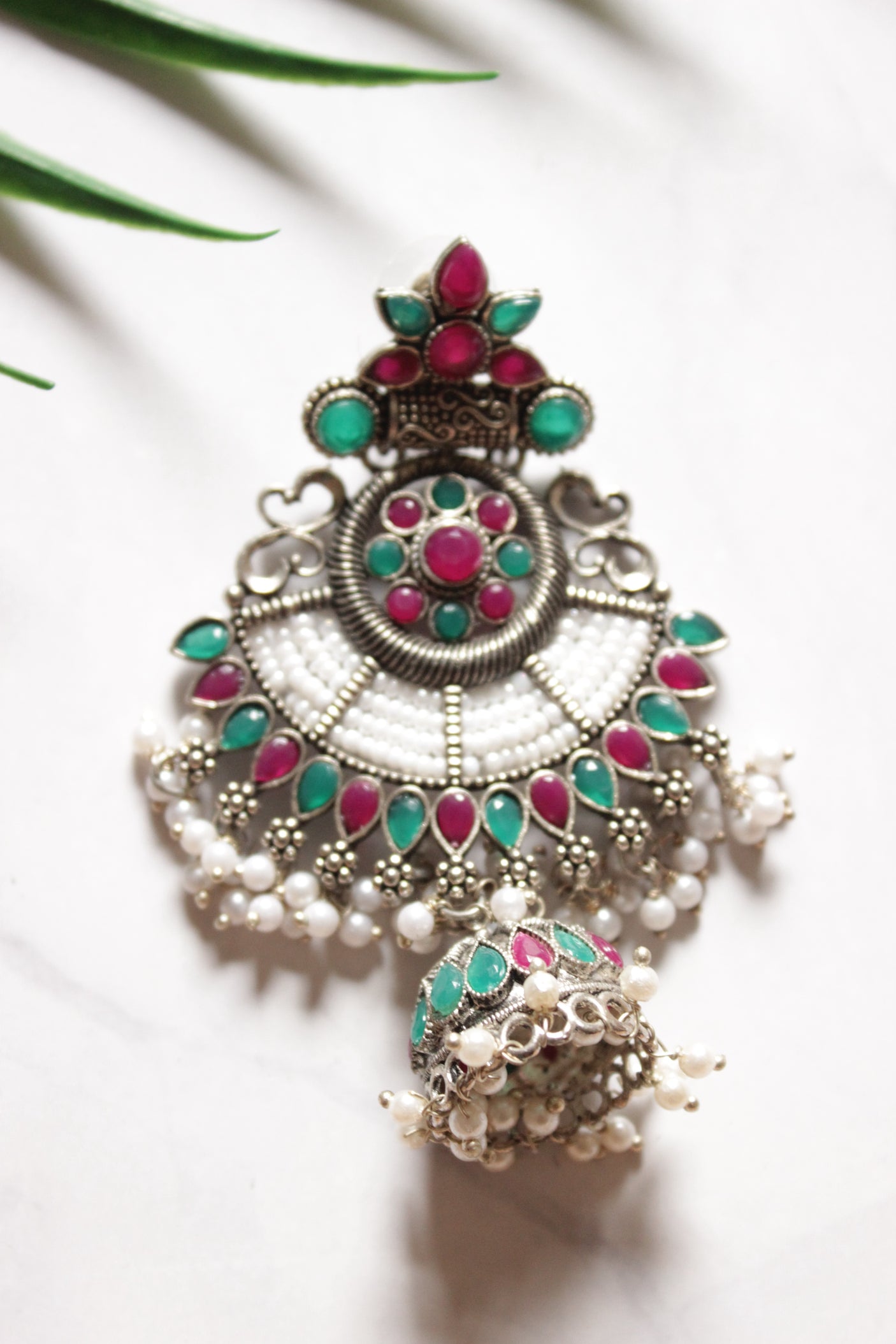 Red & Green Stones Embedded Oxidised Finish Statement Ethnic Earrings