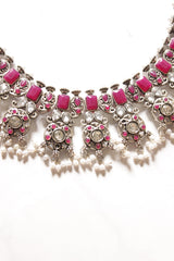 Ruby Pink Glass Stones Embedded Oxidised Finish Adjustable Length Choker Necklace Set
