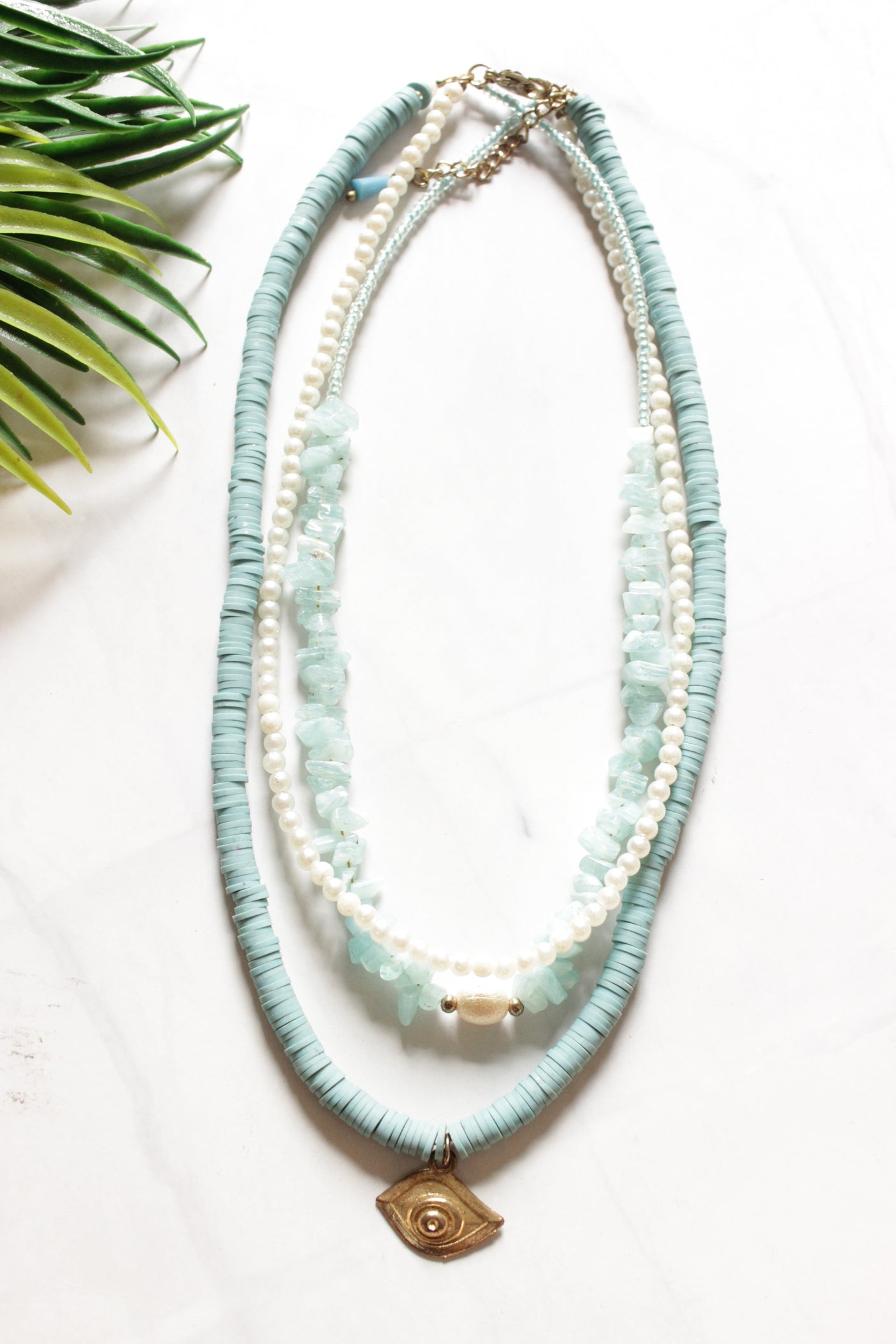 Soft Blue 3 Layer Beads and Stones Handmade Necklace