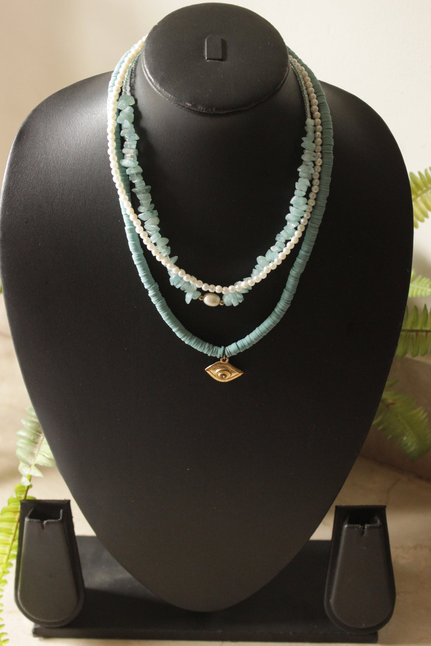 Soft Blue 3 Layer Beads and Stones Handmade Necklace