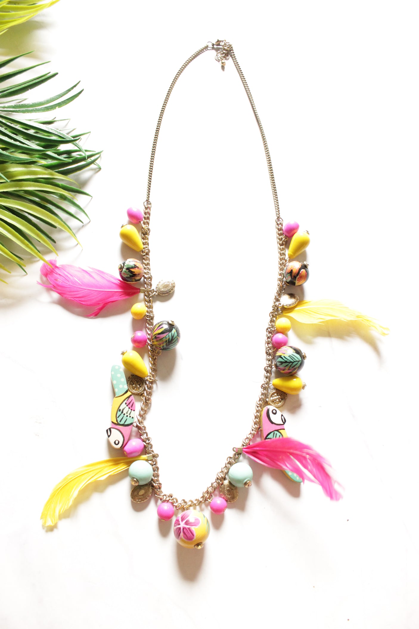 Yellow and Pink Vibrant Hand Painted Beads Boho Necklace