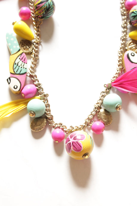Yellow and Pink Vibrant Hand Painted Beads Boho Necklace