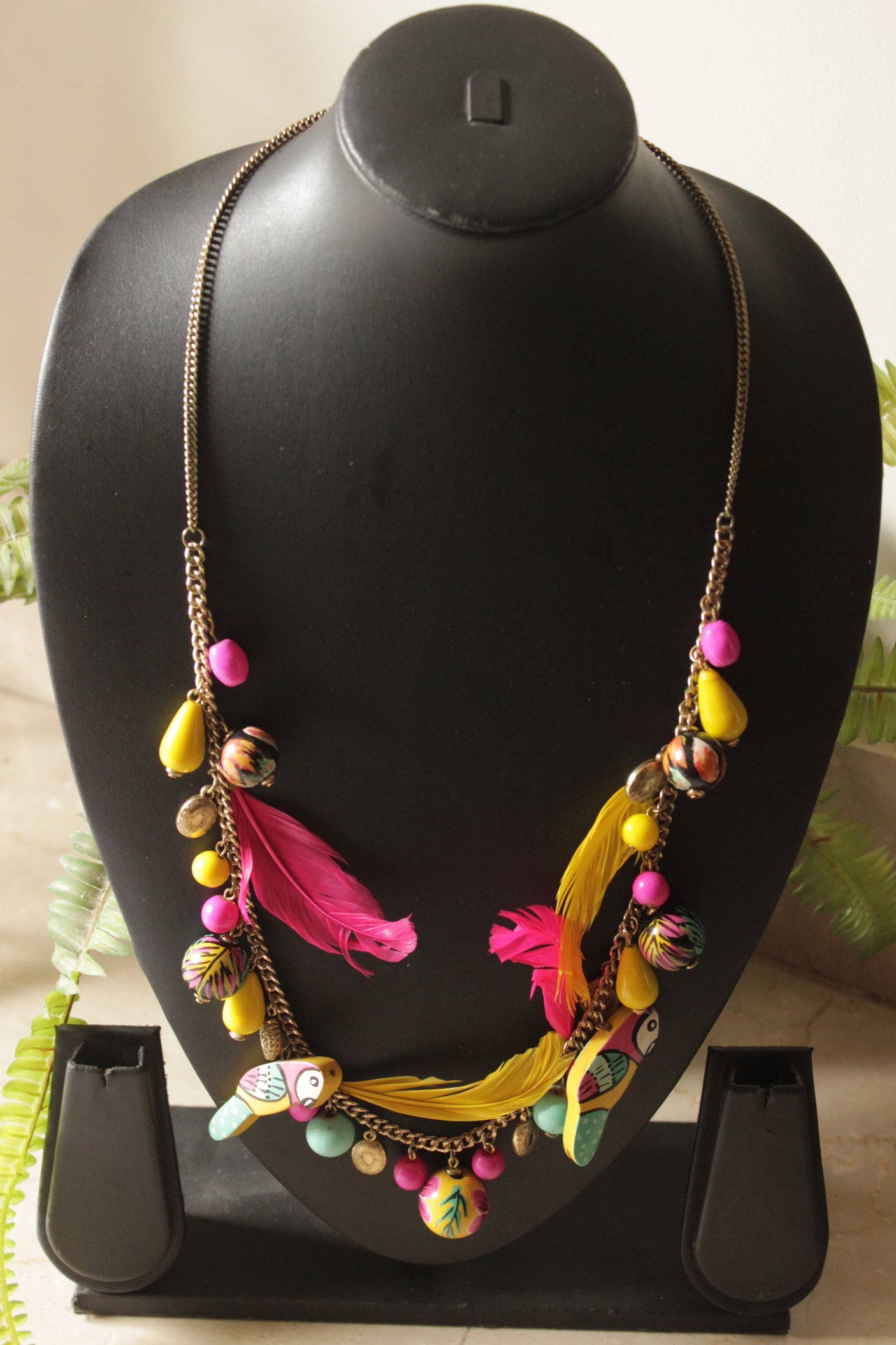 Yellow and Pink Vibrant Hand Painted Beads Boho Necklace