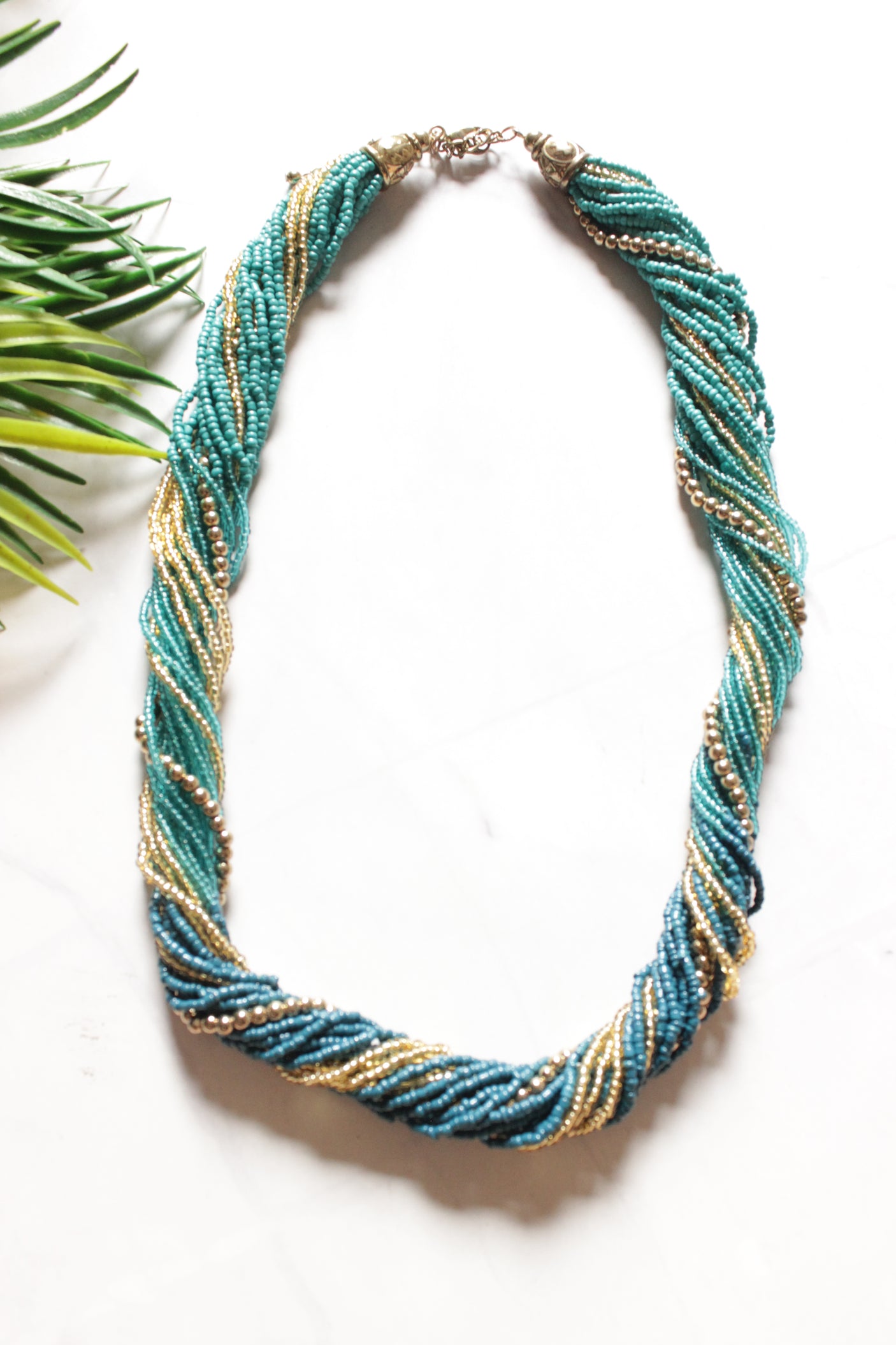 Twisted Blue and Golden Beads Handmade Necklace
