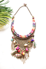 Multi-Color Beads and Fabrics and Dull Gold Metal Handmade Boho Necklace
