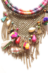 Multi-Color Beads and Fabrics and Dull Gold Metal Handmade Boho Necklace