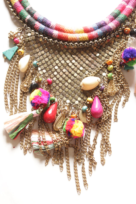Multi-Color Beads and Fabrics and Dull Gold Metal Handmade Boho Necklace
