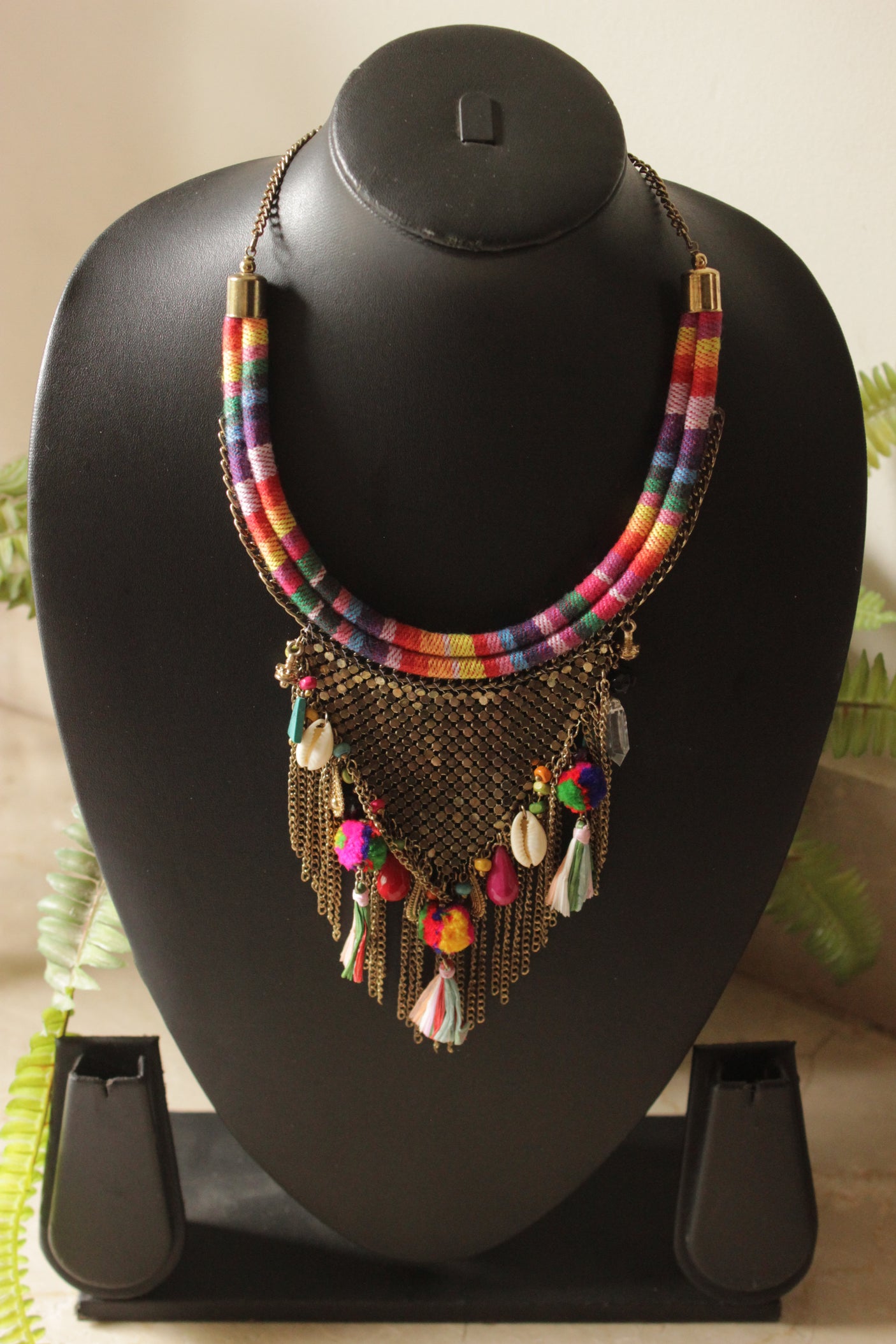 Multi-Color Beads and Fabrics and Dull Gold Metal Handmade Boho Necklace