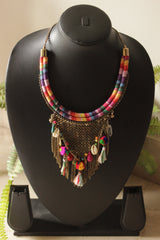 Multi-Color Beads and Fabrics and Dull Gold Metal Handmade Boho Necklace