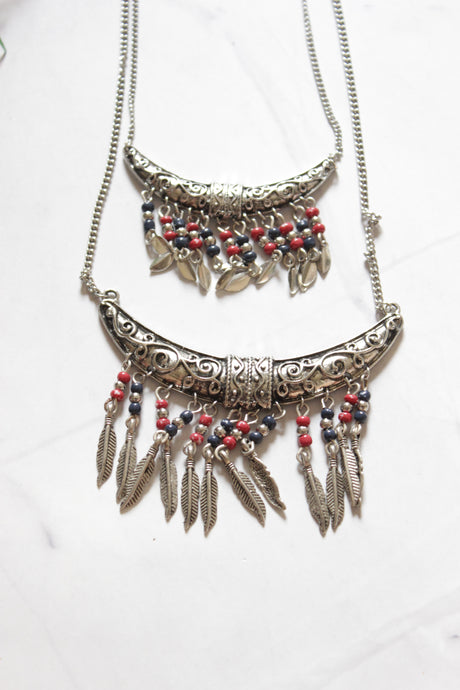 Oxidised Finish Crescent Moon Pendant 2 Layer Necklace