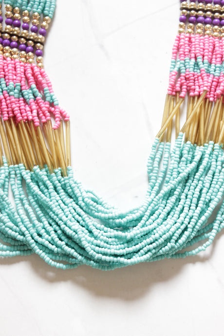 Shades of Blue and Red Multi-Layer Handmade Beaded Necklace