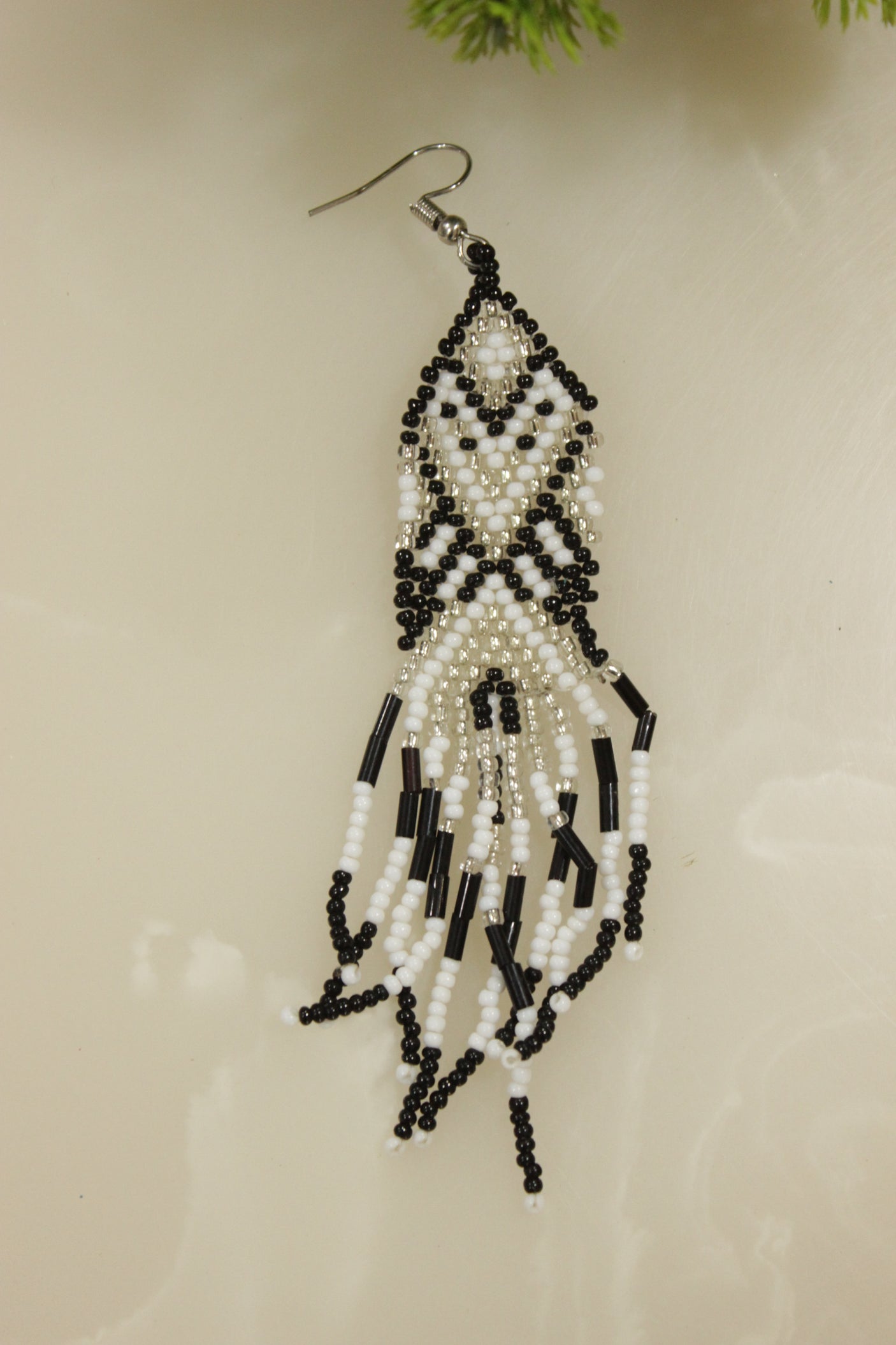 Black and White Handmade Beaded Dangler Earrings