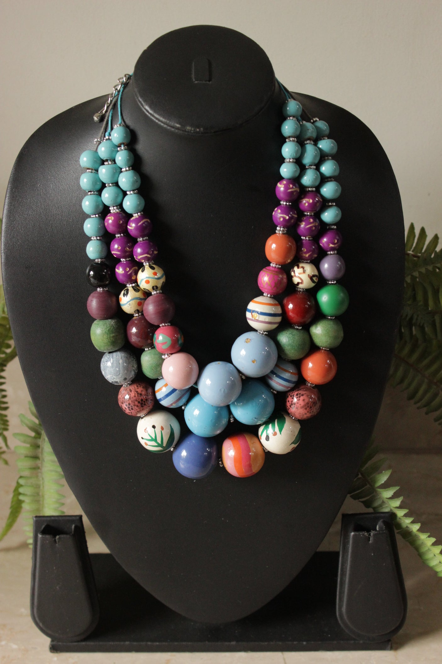 Vibrant Shades Wooden Beads 3 Layer Necklace