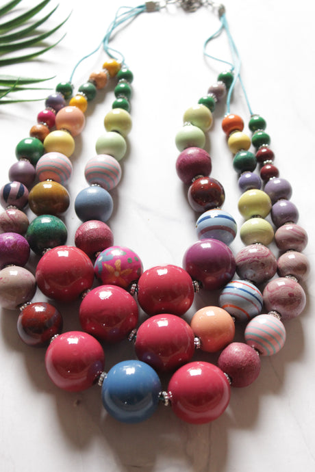 Vibrant Shades Wooden Beads 3 Layer Necklace