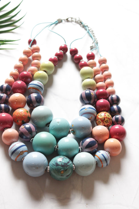 Vibrant Shades Wooden Beads 3 Layer Necklace