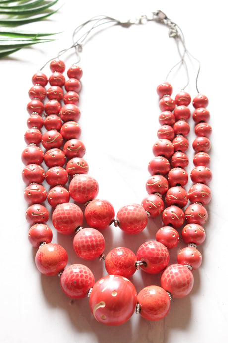 Red Wooden Beads 3 Layer Necklace