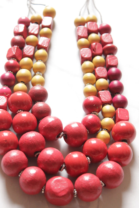 Red and Yellow Wooden Beads 3 Layer Necklace