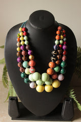 Vibrant Hand Painted Wooden Beads 3 Layer Necklace