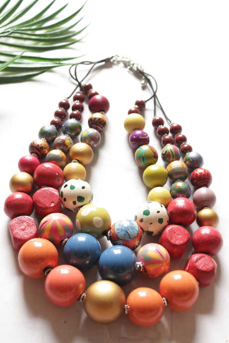 Vibrant Hand Painted Wooden Beads 3 Layer Necklace