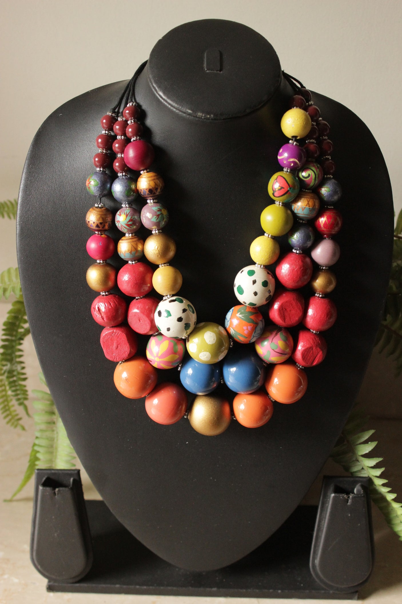Vibrant Hand Painted Wooden Beads 3 Layer Necklace