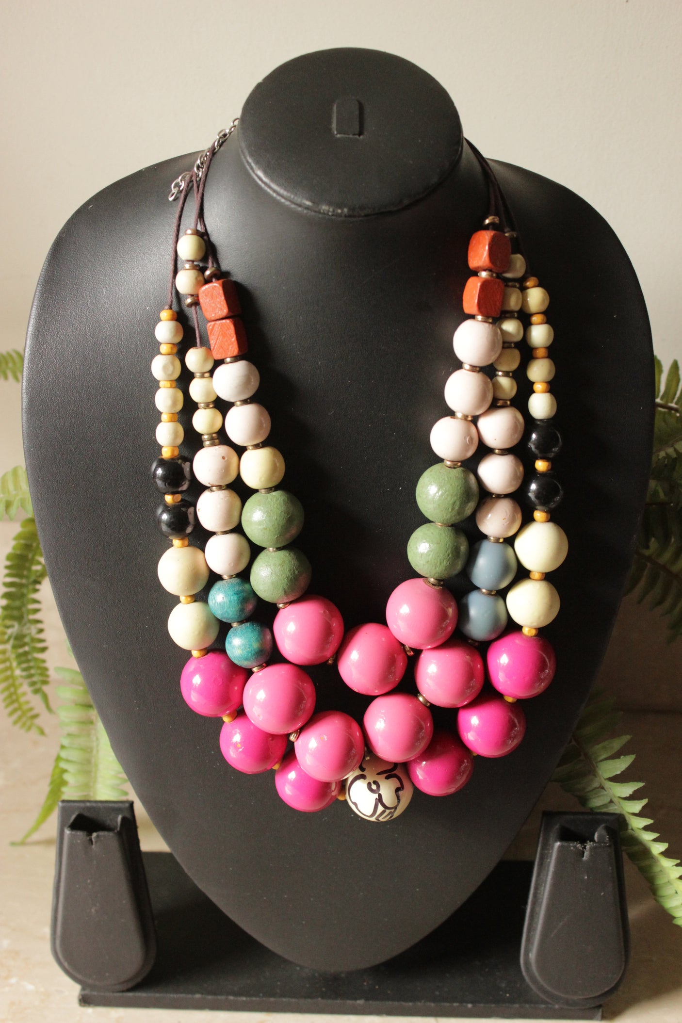 Vibrant Hand Painted Wooden Beads 3 Layer Necklace