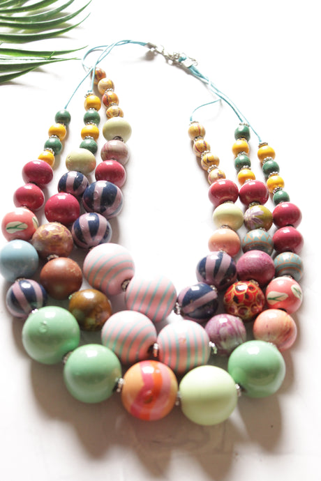 Vibrant Hand Painted Wooden Beads 3 Layer Necklace