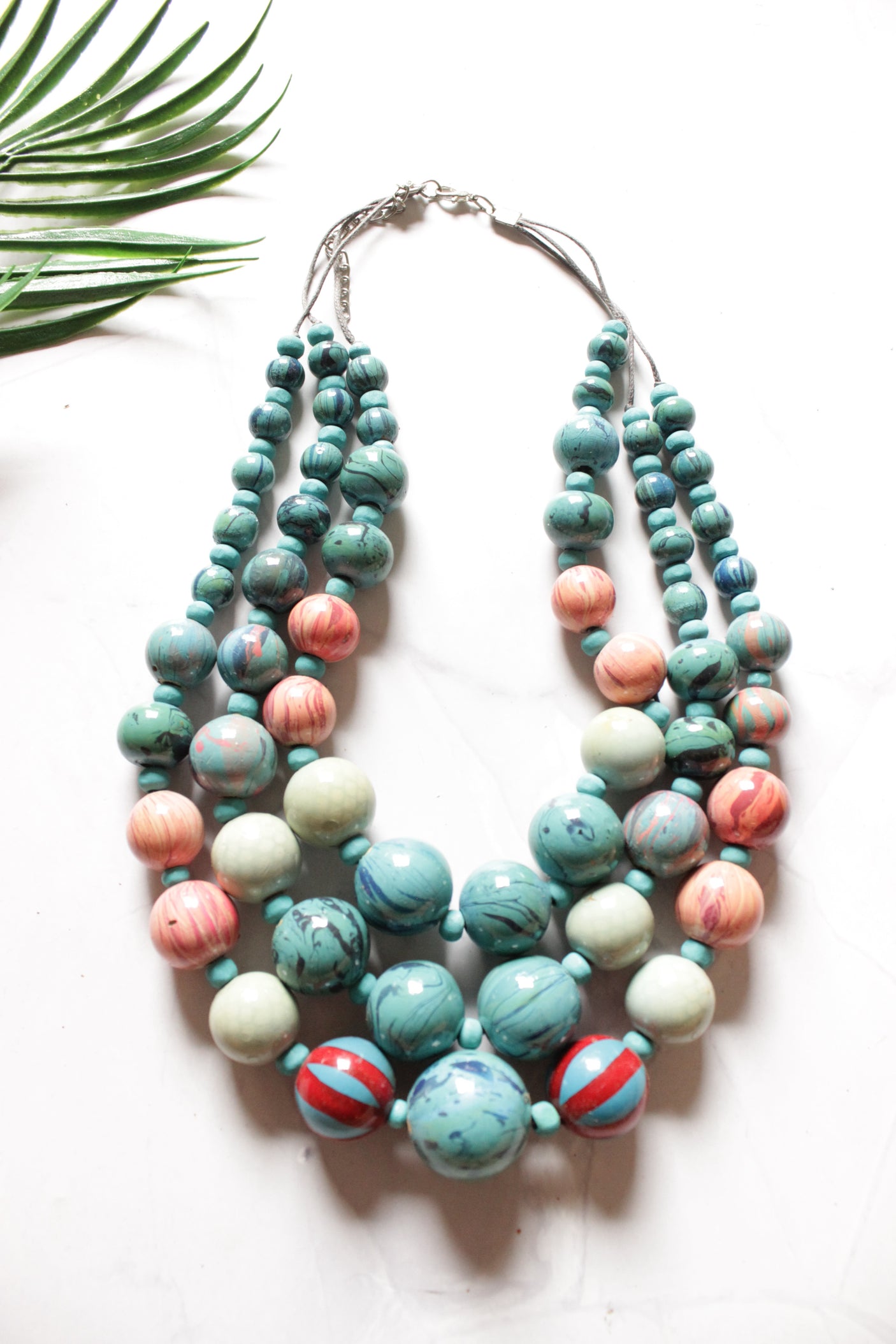 Vibrant Hand Painted Wooden Beads 3 Layer Necklace