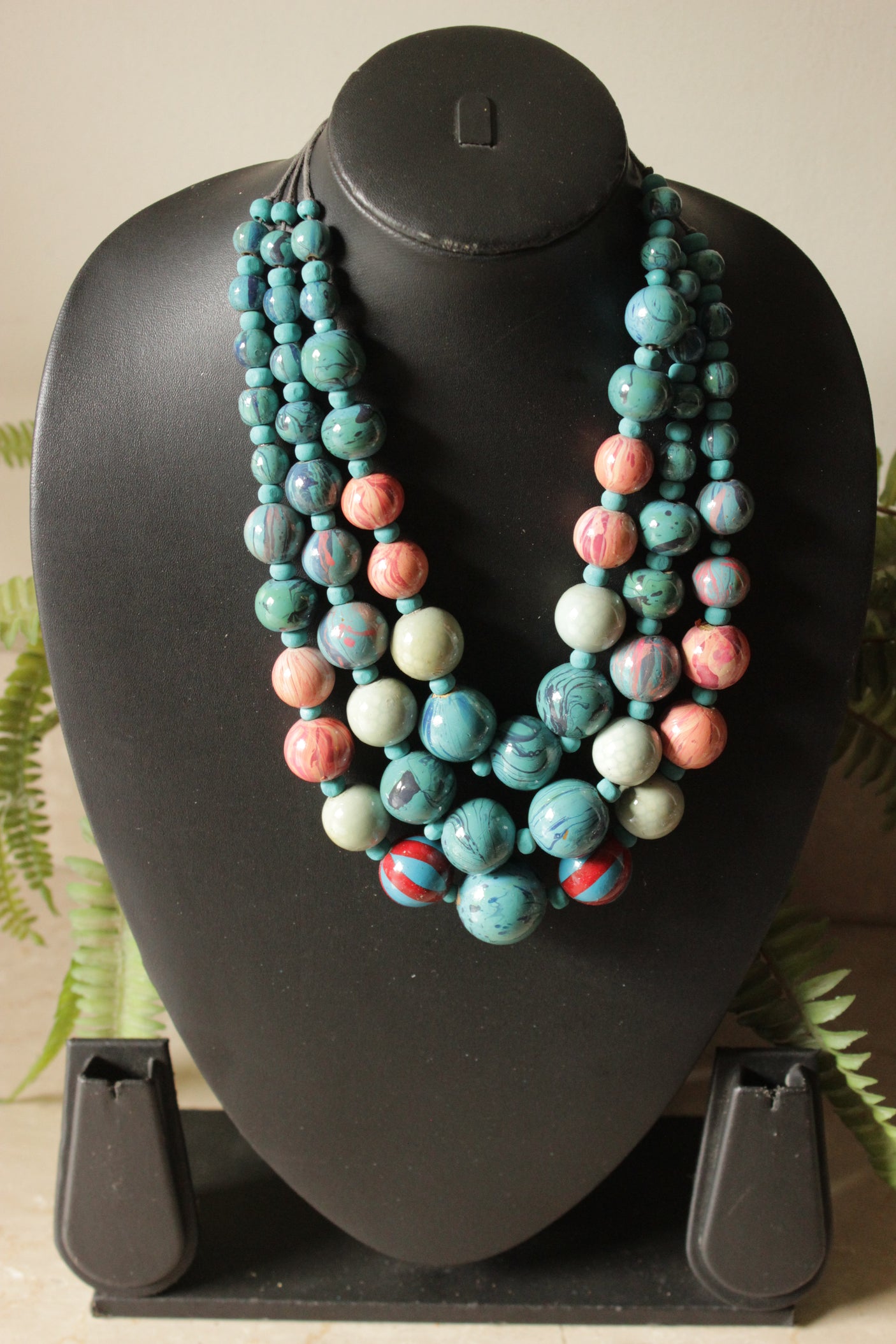 Vibrant Hand Painted Wooden Beads 3 Layer Necklace