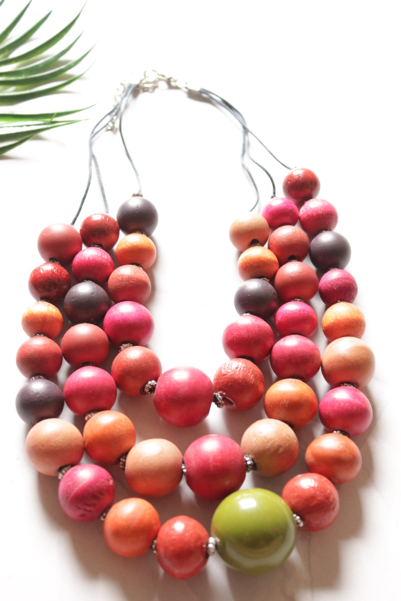 Pink and Orange Hand Painted Wooden Beads 3 Layer Necklace