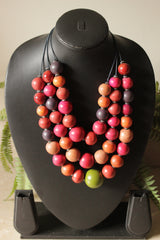 Pink and Orange Hand Painted Wooden Beads 3 Layer Necklace