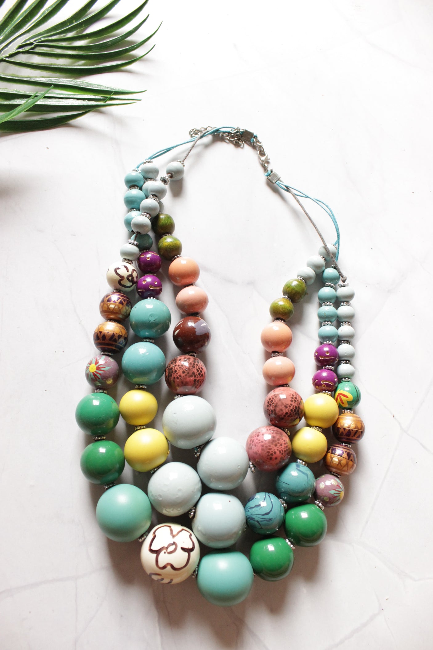 Multi-Color Hand Painted Wooden Beads 3 Layer Necklace