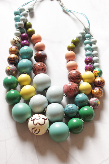 Multi-Color Hand Painted Wooden Beads 3 Layer Necklace