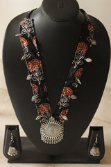 Black and Maroon Block Printed Fabric and Oxidised Metal Pendant Collar Necklace Set