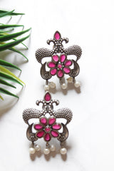 Pink Stones Embedded Oxidised Finish Stud Earrings