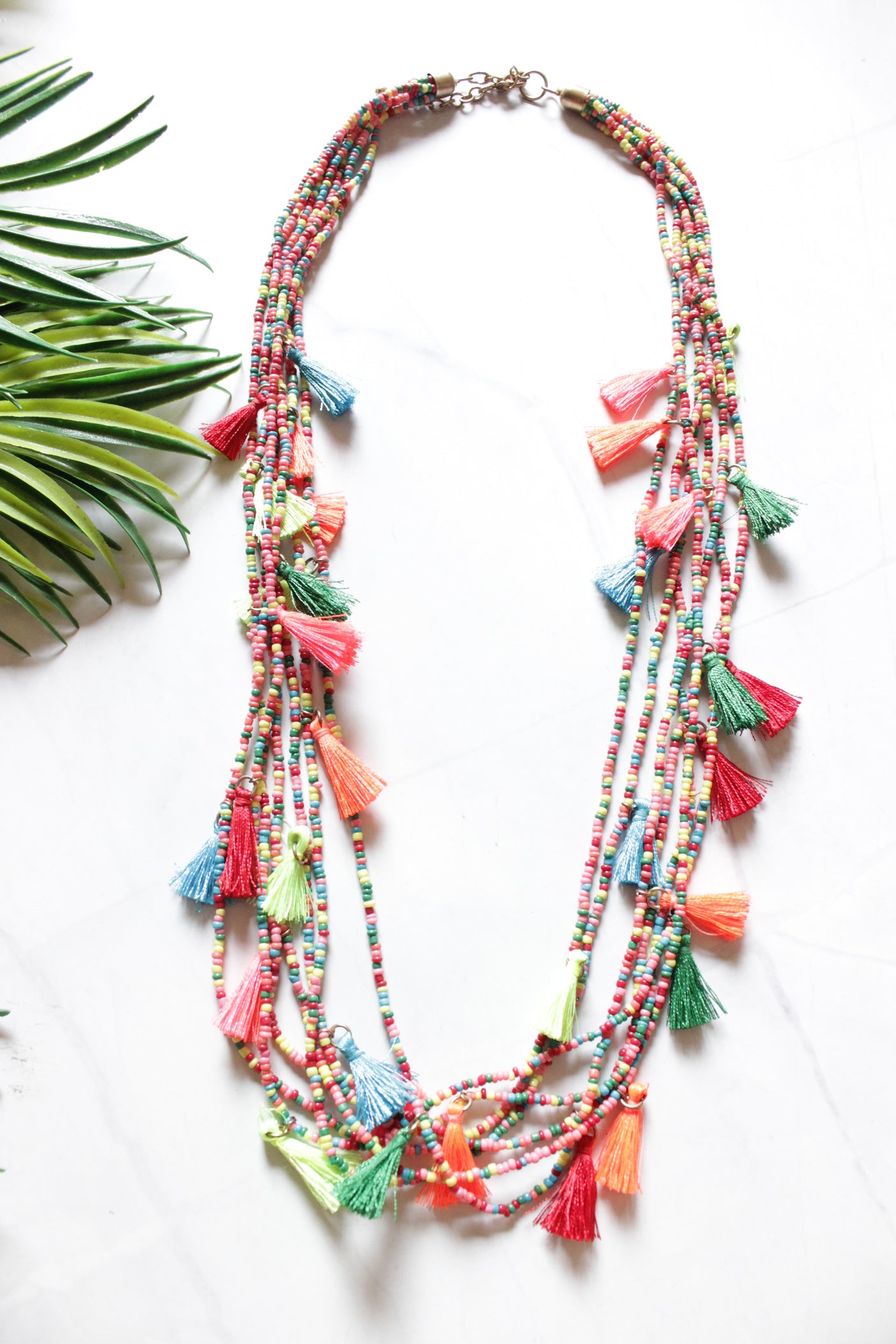 Vibrant Beaded Handmade Necklace with Pom Poms
