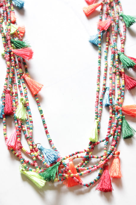 Vibrant Beaded Handmade Necklace with Pom Poms