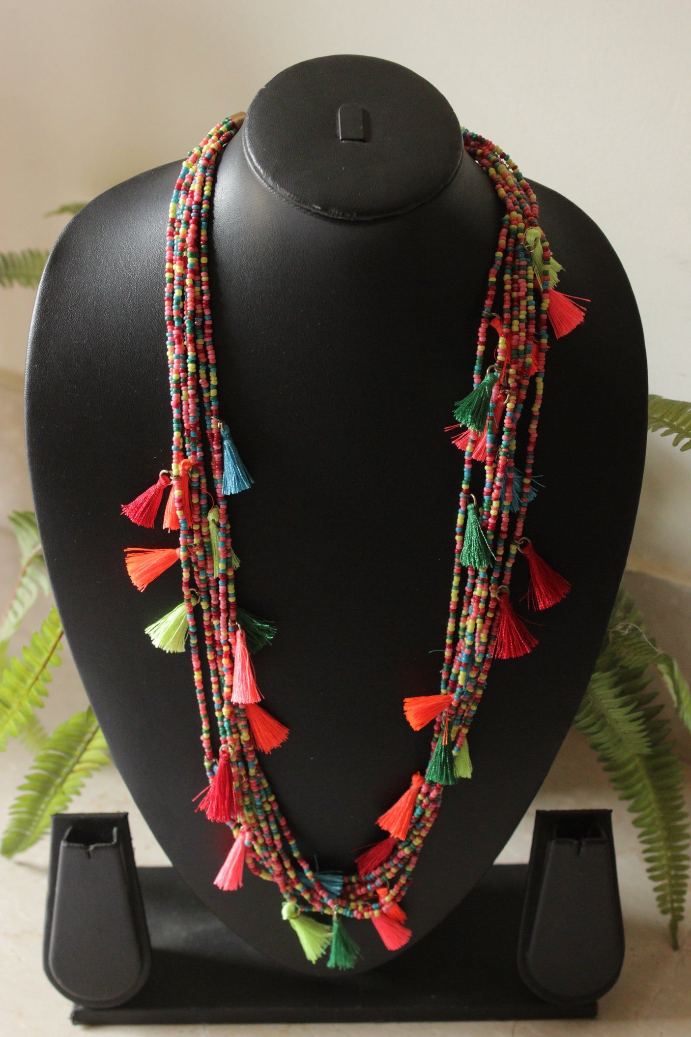 Vibrant Beaded Handmade Necklace with Pom Poms