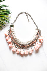 Peach and White Fabric and Metal Handmade Boho Necklace