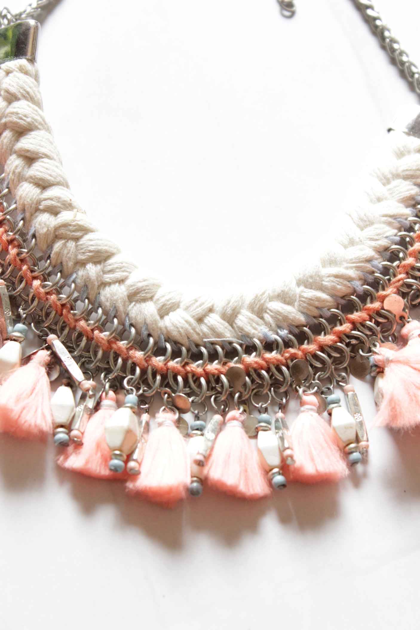Peach and White Fabric and Metal Handmade Boho Necklace