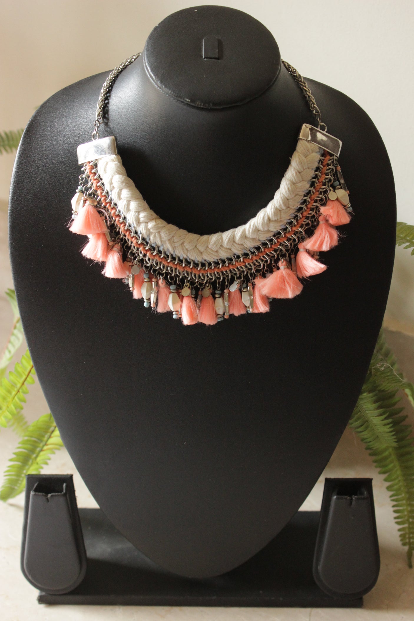 Peach and White Fabric and Metal Handmade Boho Necklace