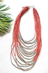 Orange and Silver Beads Mult-Layer Beaded Handmade Boho Necklace