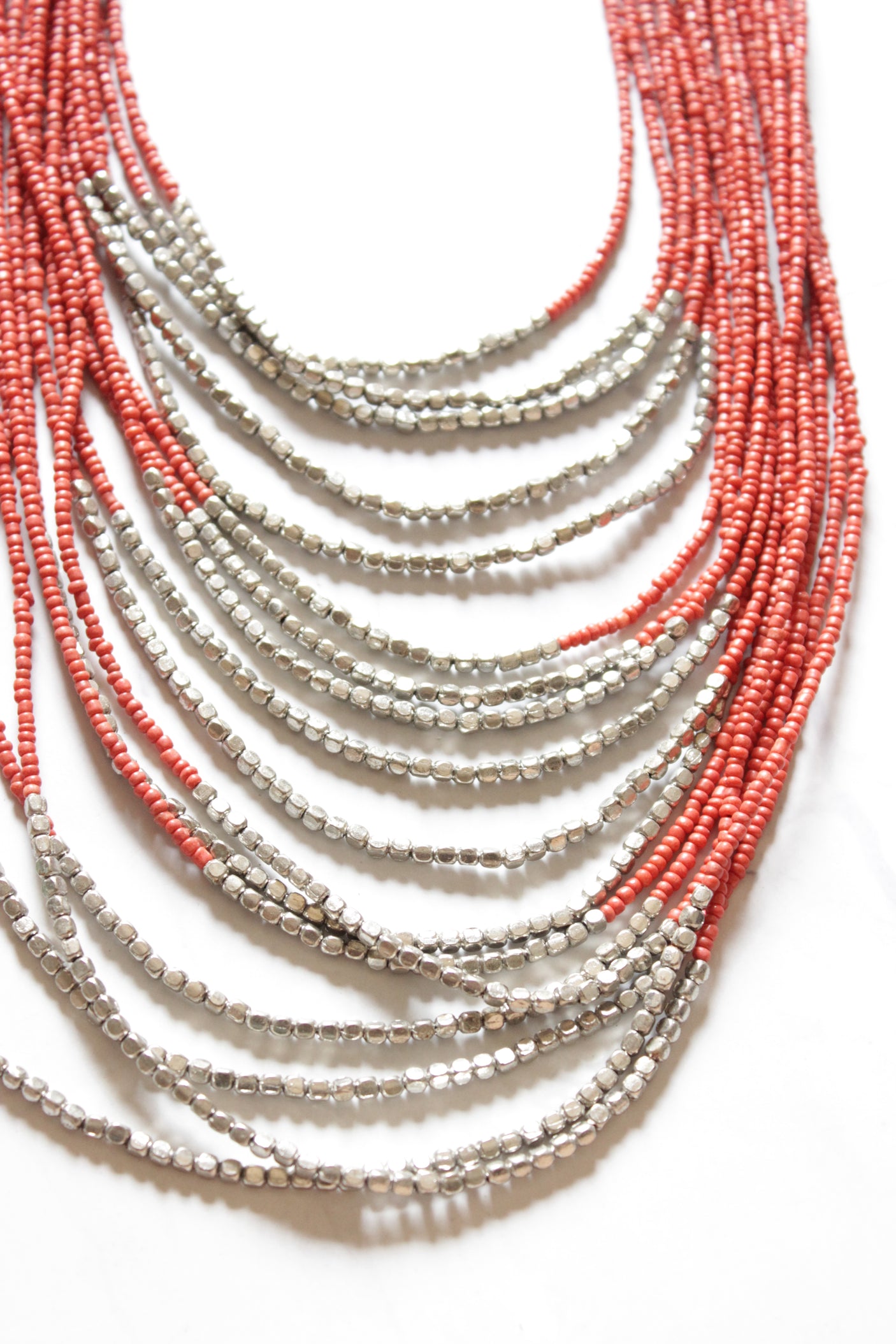 Orange and Silver Beads Mult-Layer Beaded Handmade Boho Necklace