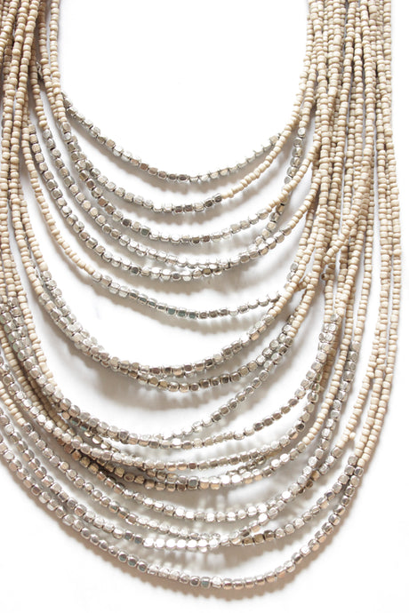 Ivory and Silver Beads Multi-Layer Handmade Beaded Necklace